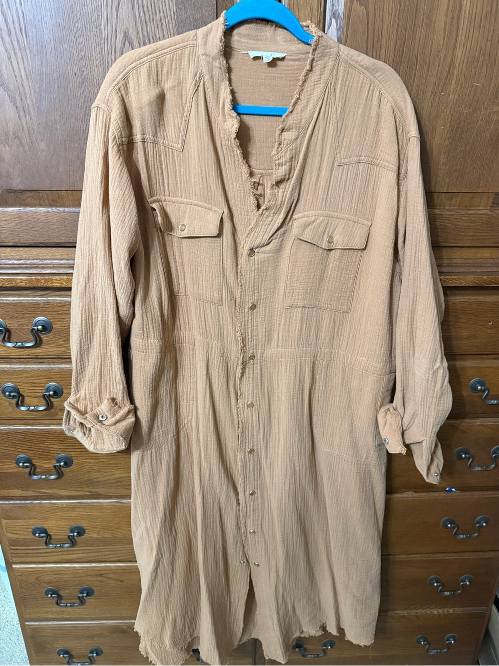 easel Long Sleeve Button-Front Midi Dress in Tan